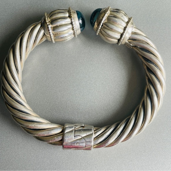 Large Blue Topaz 14k Gold & Sterling Silver 10mm Classic Cable Cuff Brac… - Picture 10 of 11